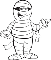 Black and white illustration of a happy mummy pointing.