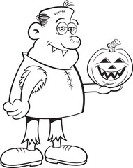 Black and white illustration of a gruesome character holding a jack o lantern pumpkin.