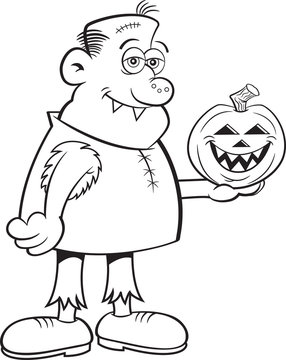recommend clip art: Black and white illustration of a gruesome character holding a jack o lantern pumpkin.