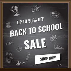 Back to school card on the black board background. Shopping sale, promo poster, banner, wallpaper, flyer, discount, shop, market, special offer.  Ad concept. Vector illustration