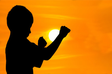 Boys in a fighting posed at sunset