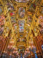 Fototapeta na wymiar Paris, France - April 23, 2019 - The grand foyer of the Palais Garnier located in Paris, France.