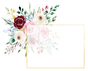 Floral gold frame border with watercolor flowers  perfectly for wedding, birthday, party invitation. Geometric frame hand painting, isolated on white.