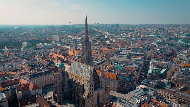 VIENNA, AUSTRIA - JUNE, 2019: City skyline aerial shot. Cathedrals and cityscape. Significant tourist sites from above