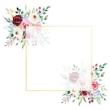 Floral gold frame border with watercolor flowers  perfectly for wedding, birthday, party invitation. Geometric frame hand painting, isolated on white.