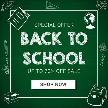 Back to school banner on green board background. Shopping sale, promo poster, card, wallpaper, flyer, discount, shop, market, special offer.  Ad concept. Vector illustration