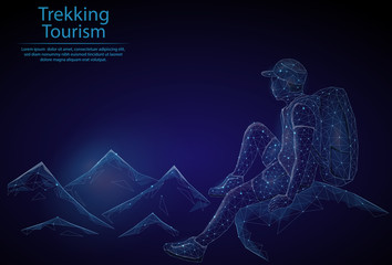 Abstract image of a traveler in the mountains in the form of a starry sky or space, consisting of points, lines, and shapes in the form of planets, stars and the universe. Low poly vector background.