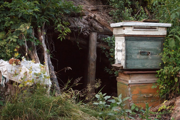 Obraz premium Two old wooden closed beehives stand on each other against the background of an abandoned shack, the concept of an abandoned village