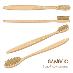 Bamboo toothbrushes. Varicoloured, natural bristle. Zero waste, Biodegradable material. Eco-friendly products. Isolated on white background. Different viewpoint angle. Vector illustration.