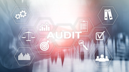 Audit business and finance concept. nalysis Annual Financial Statements, Analyze return on investment. Mixed media abstract background.