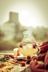 Autumn crunberry, rosemary and orange steaming tea in front of window, toned