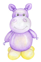 Hippo is cute. Watercolor drawing. a balloon toy. Holiday card.