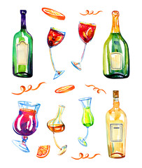 Wine bottles and glasses with drinks. Watercolor hand drawn sketch illustration set