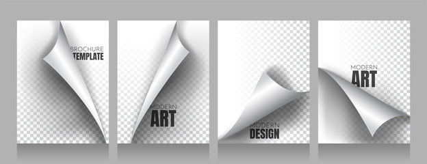 Set of A4 format sheets with curved corners. Vector illustration. Templates with shadows. Foil. Glossy business paper. Eps 10. Layout for use in design
