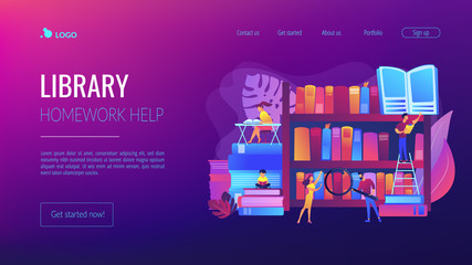Reading books, encyclopedias. Students studying, learning. Public library events, free tutoring and workshops, library homework help concept. Website homepage landing web page template.