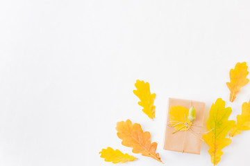 Flat lay composition with colorful autumn leaves and gift box on a white background