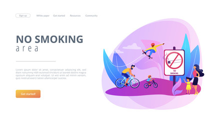 Weekend activities in park. Father riding bicycles with son. Active, healthy hobby. Smoke-free zone, no smoking area, tobacco free facility concept. Website homepage landing web page template.