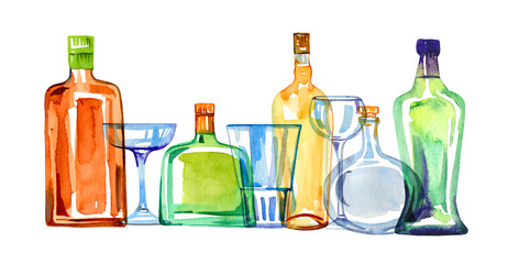 Transparent color glass alcohol bottles and drinking glasses in a row. Watercolor hand drawn sketch illustration