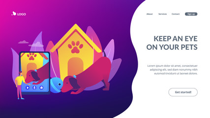 Dog walker and petsitter application on smartphone. Robotic pet sitters, interactive pets entertainment, keep an eye on your pets concept. Website homepage landing web page template.