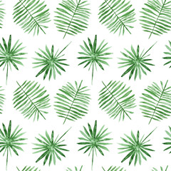 Naklejka na ściany i meble Green palm leaves, tropical watercolor painting - hand drawn seamless pattern on white background
