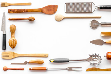 Frame of cookware for chef work on white background top view space for text