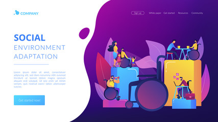 Social adjustment. People with special needs. Social adaptation of disabled people, social environment adaptation, social technologies concept. Website homepage landing web page template.