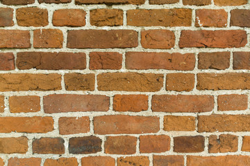 Wall of vintage red brick masonry