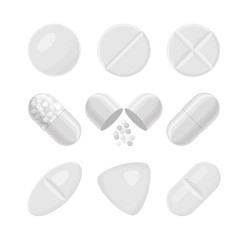 Pills and drugs vector white realistic icon set. Different shapes of pills