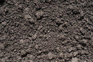 Dark brown crushed lowland peat, fertilizer and soil component - background for agriculture