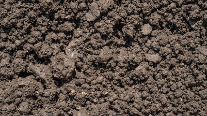 Dark brown crushed lowland peat, fertilizer and soil component - background for agriculture