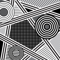 Abstract background in memphis style. Circles and stripes in black and white.