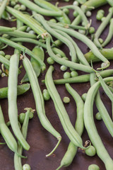 A set of green vegetables: peas, asparagus, top view