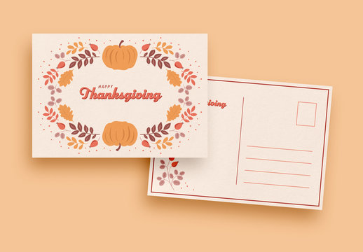 Thanksgiving Card Layout with Leaf and Pumpkin Illustrations