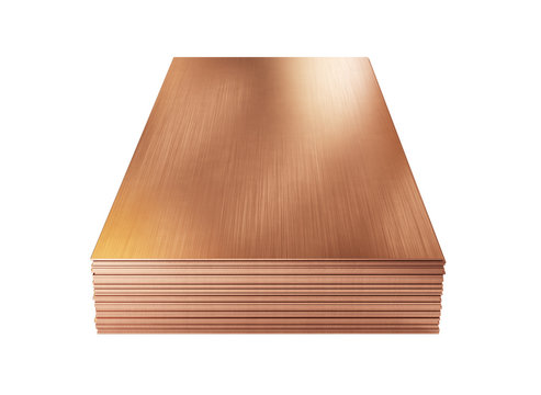Stack of copper sheets, warehouse copper plates. Isolated, clipping path included.
