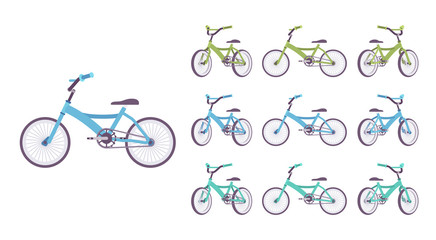 Kid bike set. Bicycle, vehicle with two wheels, bright sporty bike for boys and girls for active fun. Vector flat style cartoon illustration isolated on white background, different views and colors