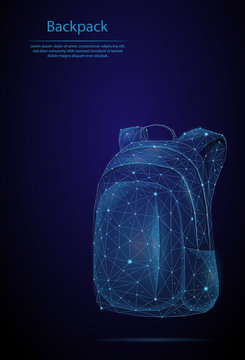 Abstract image of a Backpack in the form of a starry sky or space, consisting of points, lines, and shapes in the form of planets, stars and the universe. Low poly vector background.