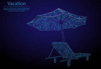 Abstract image beach chair and umbrella in the form of a starry sky or space, consisting of points, lines, and shapes in the form of planets, stars and the universe. Low poly vector background.