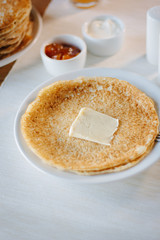 Russian pancakes - vegetarian dish at national restaurant.