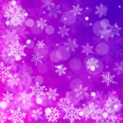 Christmas blurred background of complex defocused big and small falling snowflakes in purple colors with bokeh effect
