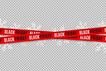 Red ribbons for black friday sale isolated on transparent background. Crossed ribbons. Snowflakes. Graphic elements. Vector illustration