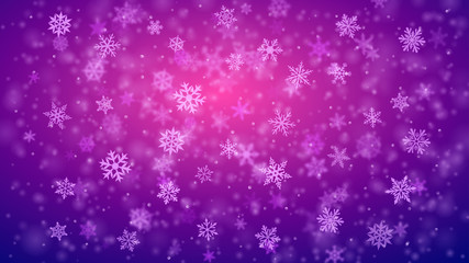 Christmas background of complex blurred and clear falling snowflakes in purple colors with bokeh effect