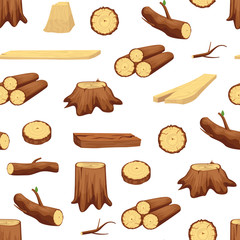Wooden Trunk Materials and Firewood Seamless Pattern Background. Vector