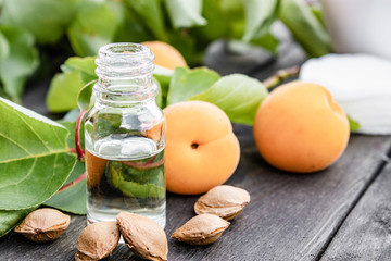 Apricot oil in a glass jar close-up on a table near a ripe yellow apricot.