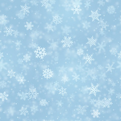 Naklejka na ściany i meble Christmas seamless pattern of complex blurred and clear falling snowflakes in light blue colors with bokeh effect