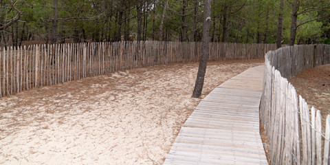 Wooden path to the beach in web banner template in Lacanau Gironde