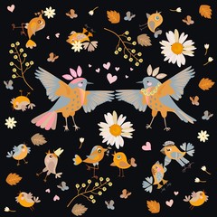 Endless natural pattern with funny birds, butterflies, hearts, flowers, leaves  and berries, isolated on black background. Print for fabric.