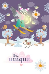 Motivator "Be unique!" Beautiful card with a funny winged raccoon skiing in the night sky among the clouds over the winter forest with cheerful trees and a deer.