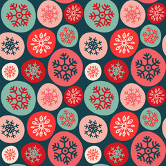 Snowflakes in the circles. Seamless vector pattern.