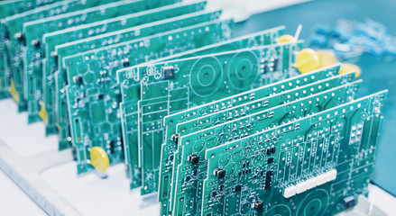 Closeup of a board for computer equipment. Modern technology and computerization