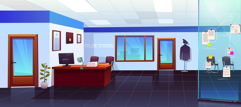 Evidence board in police station interior with glass door, table, computer,  paper piles and mannequin with policeman uniform, crime investigation  department empty room. Cartoon vector illustration Stock Vector | Adobe  Stock